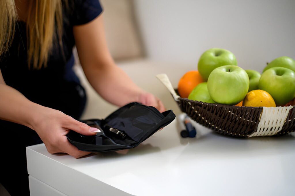 diabetic patient testing her blood for sugar level