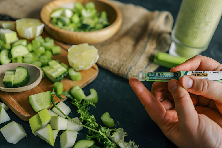 hands holding an insulin syringe over a table with fresh vegetables