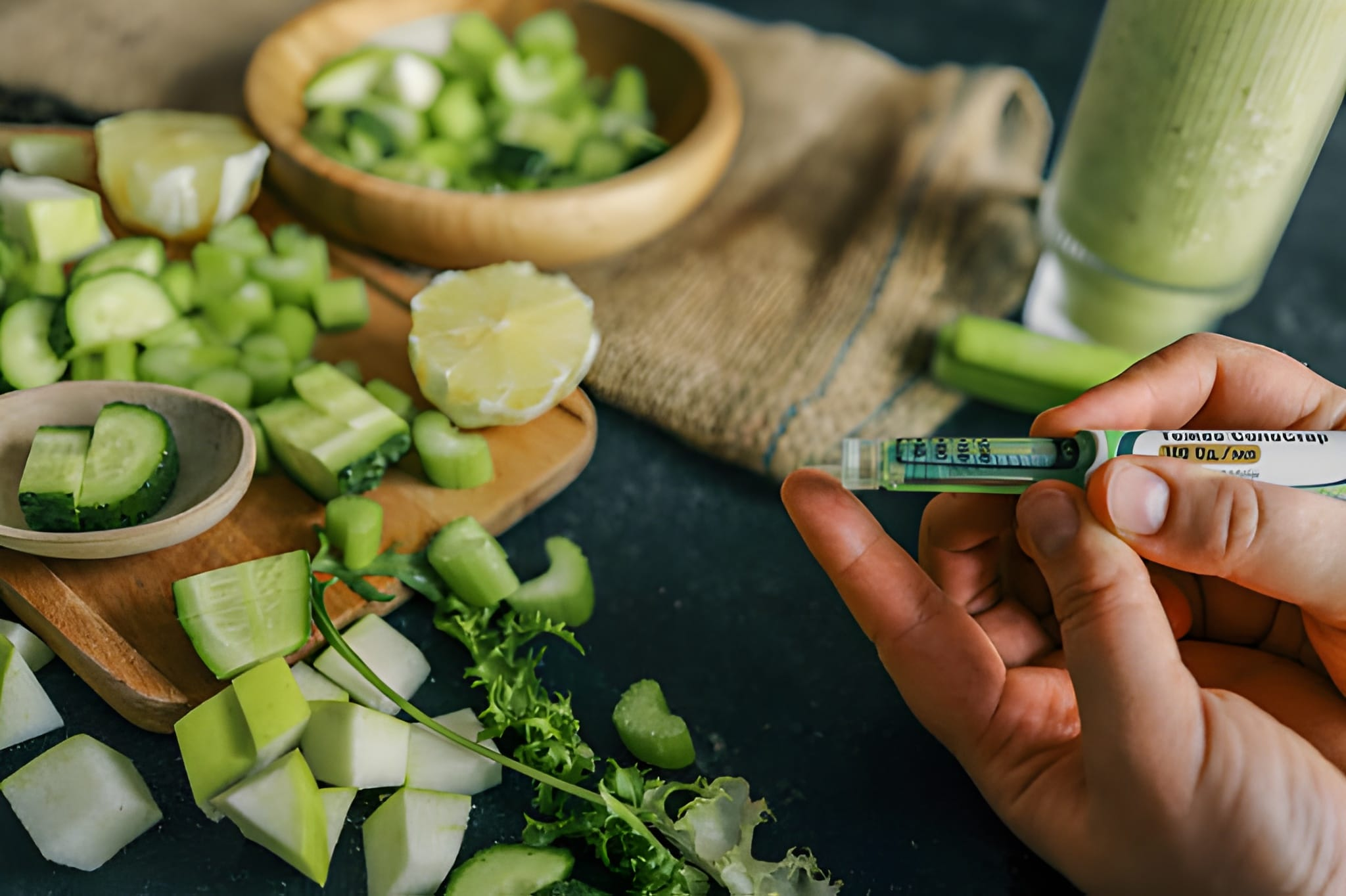 hands holding an insulin syringe over a table with fresh vegetables.webp