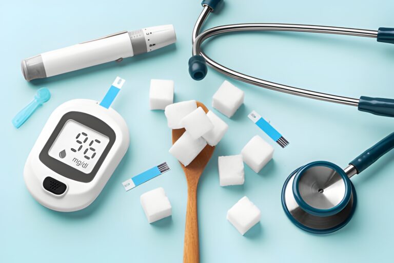 sugar cubes in spoon with blood glucose meter lancet and stethoscope