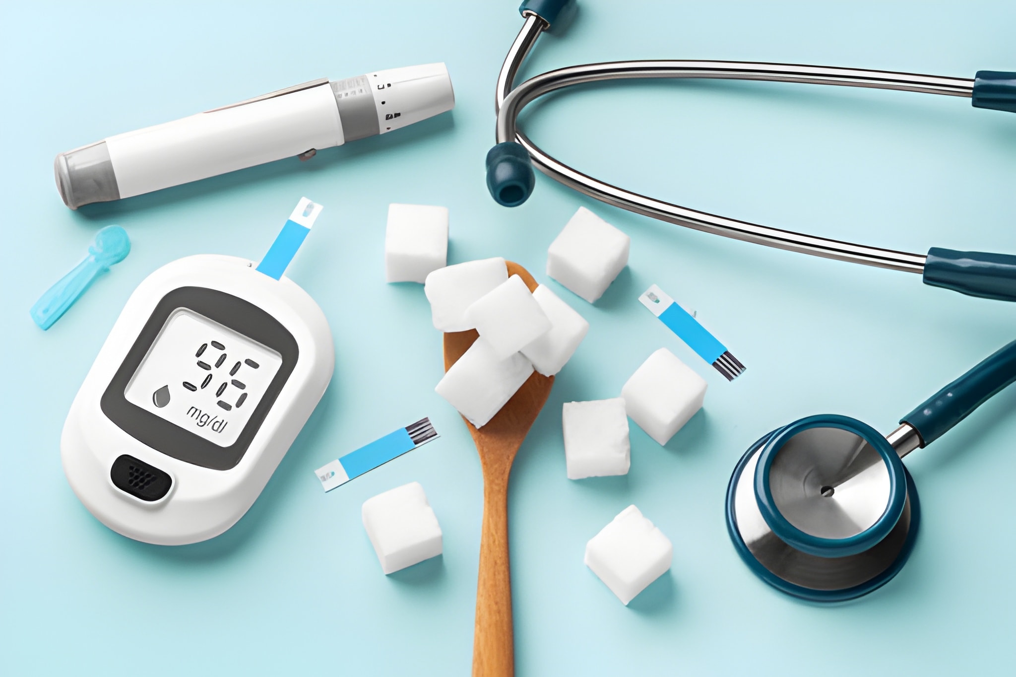 sugar cubes in spoon with blood glucose meter lancet and stethoscope